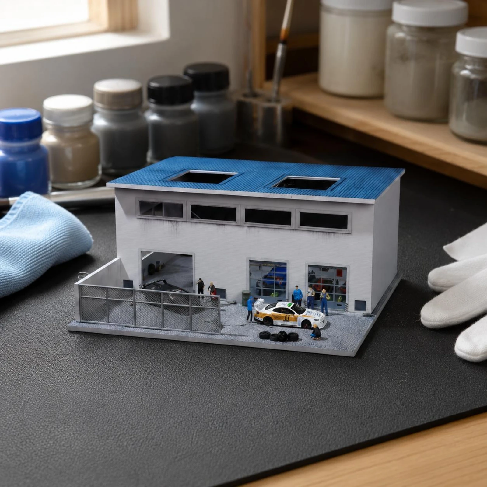 Miniature Factory Display Model Built-in Lighting Factory Building Model Industrial Building Model Blue Roof Garage Doors view 6