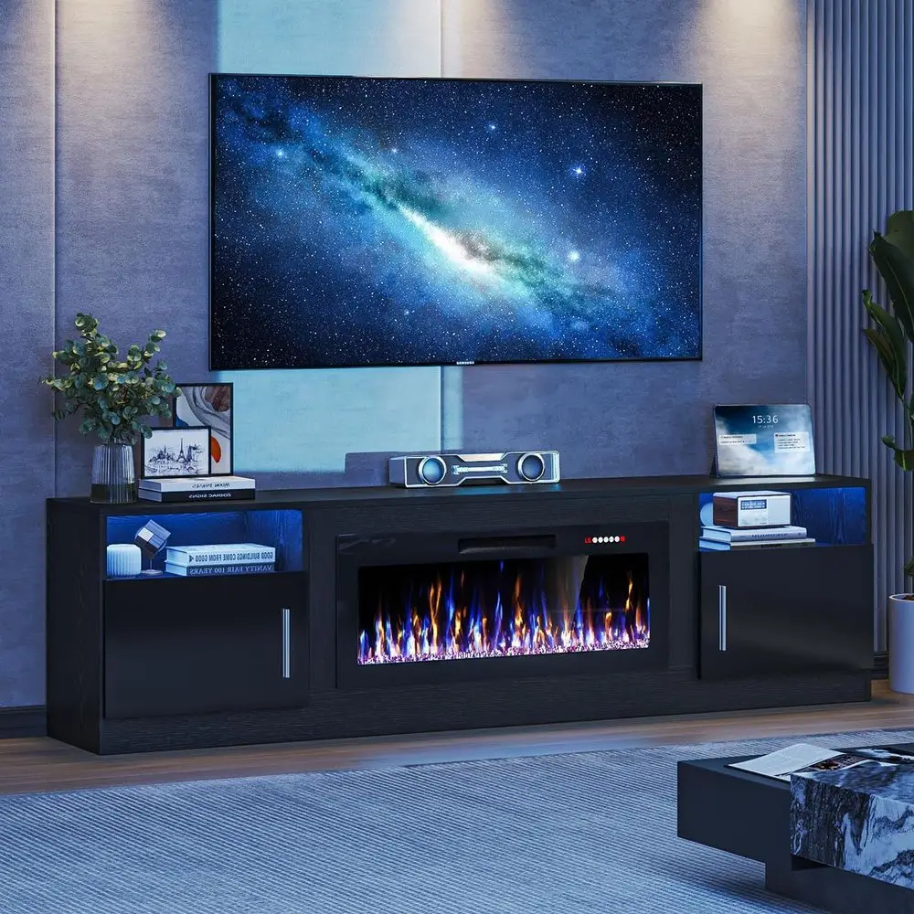 

80 High Gloss TV Stand with Electric Fireplace for TVs up to 90, LED Light, Storage Cabinet, Living Room (Black)