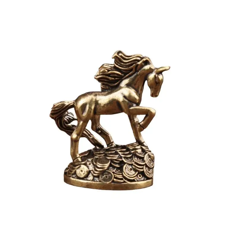 1PCS Crafts Ornaments Antique Bronze Animal Miniature Model Brass Zodiac Horse With Money Horse Ornaments Desktop Decoration