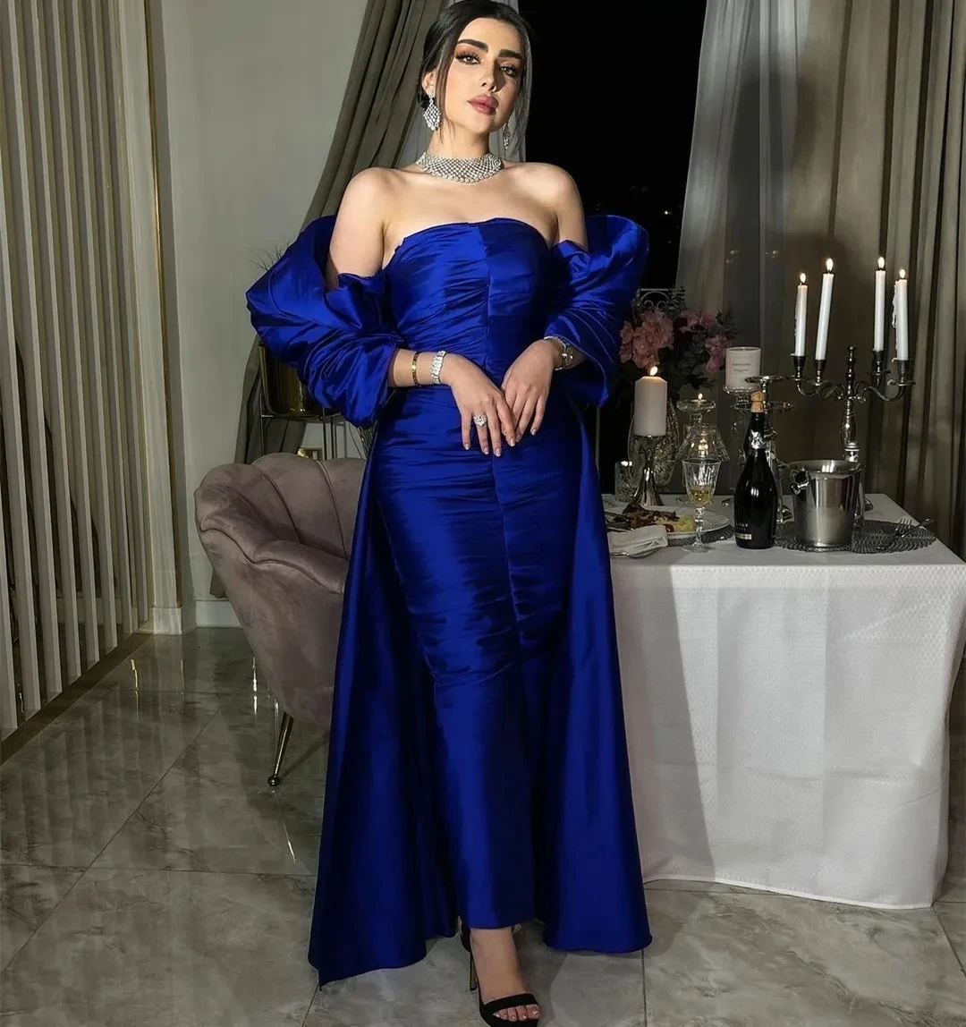 

ArabicElegant Long Royal Blue Strapless Women Evening Dresses Sheath Taffeta Ankle Length Dress فساتين السهرة Party GownCL-686