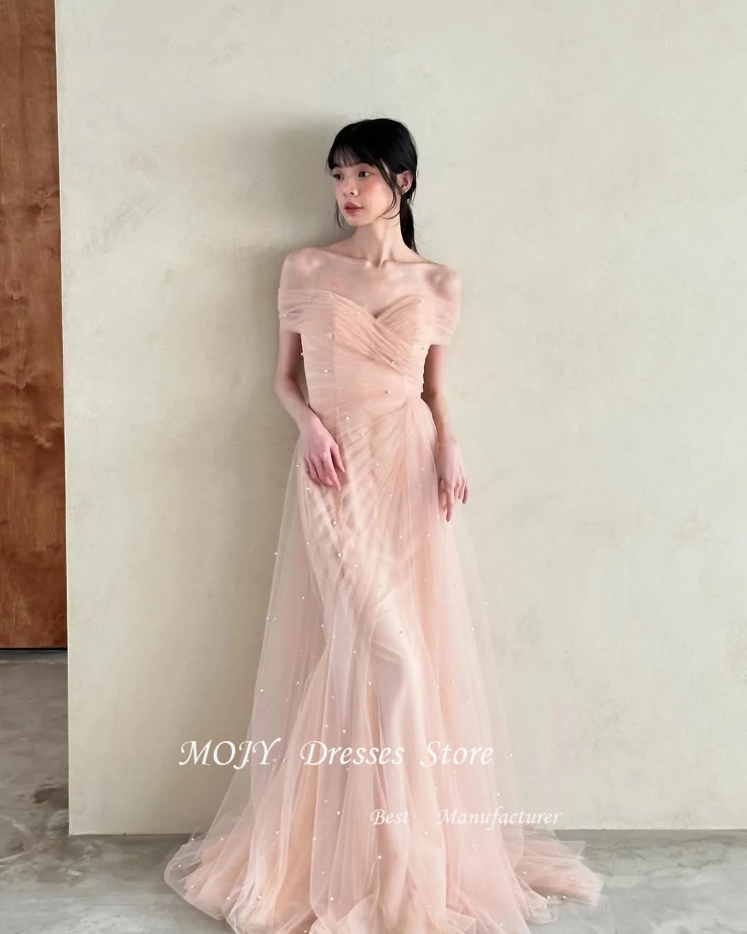 فستان زفاف Mojy أنيق على شكل قلب كوري وردي لالتقاط الصور واللؤلؤ مطرز بحورية البحر فستان زفاف طويل مخصص