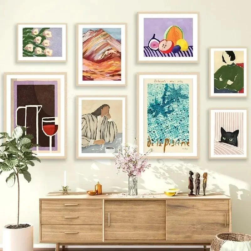 Mountain Still Life Wall Art Canvas Abstract Girl Black Cat Lily Painting Posters and Prints Picture for Living Room Decor