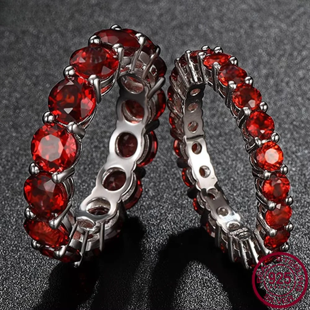 Yaranyan 100% 925 Sterling Silver Round Cut 3-5MM Natural Garnet Gemstone Colorful Row Ring for Women Fine Jewelry Wedding Band