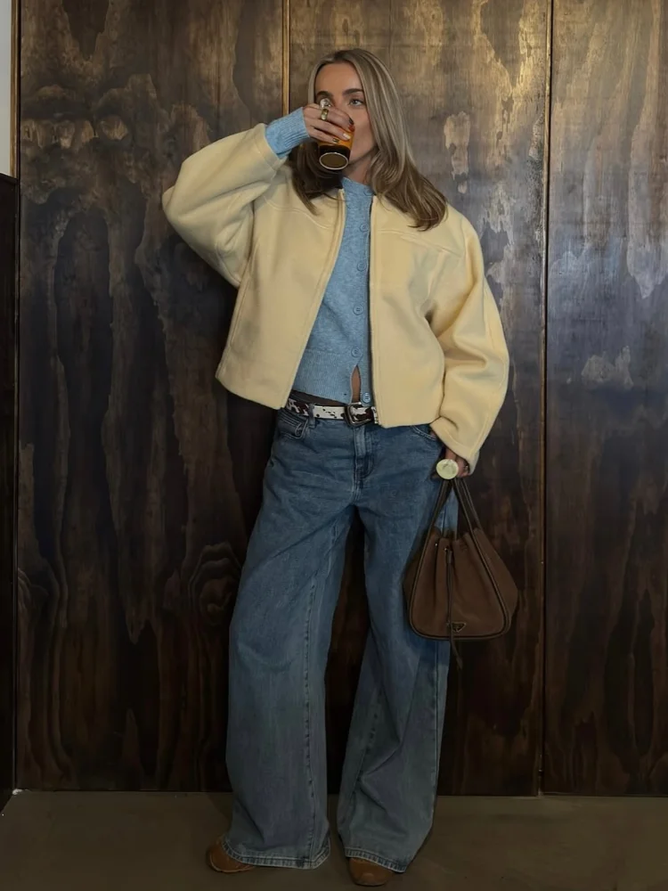 

Женское короткое шерстяное пальто желтого цвета, повседневное кожаное пальто с воротником и длинными рукавами на молнии с лацканами, 2025 г., женская повседневная верхняя одежда для поездок на работу