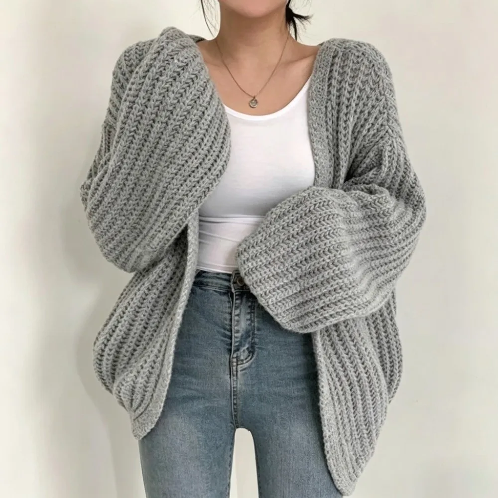 Thick Knit Texture Chunky Knit Cardigan Solid Color Loose Fit Lantern Sleeve Cardigan Long Sleeve Open Front Design