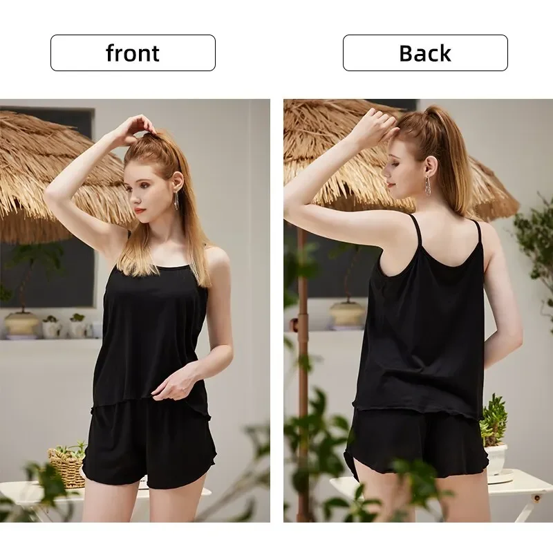 Women Casual Pajamas Sleepwear Pajama Set Nightgowns Camisole Shorts Nightclothes Spagjetti Strap Black L XL XXL Smooth Soft