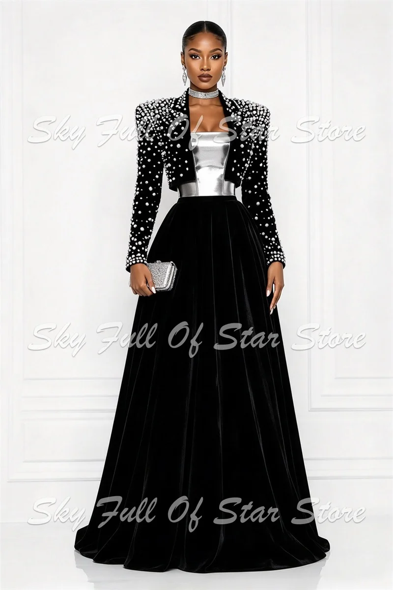 Black Women Suit Set 2 Pcs Pearl Beaded Crop Velvet Blazer No Top+Long Skirt Custom Formal Evening Wedding Party Lady Outfit