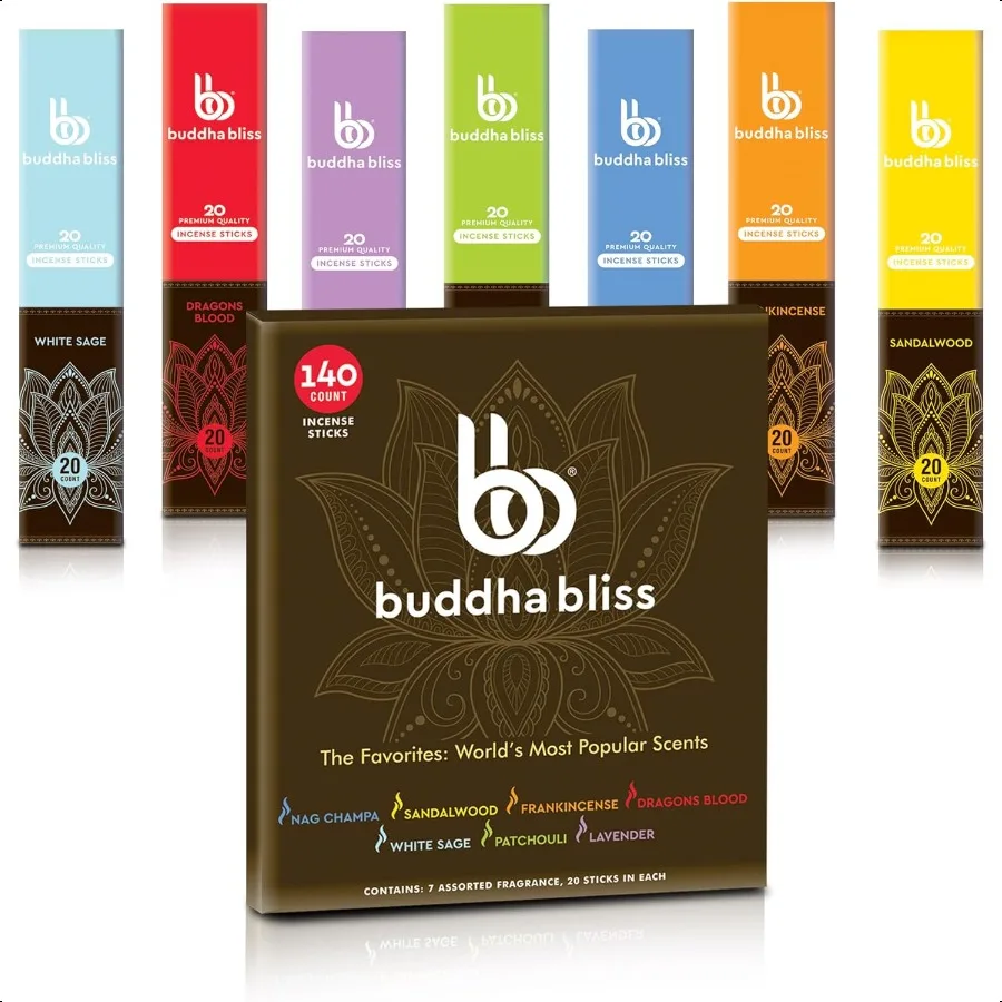 

Buddha Bliss Incense Sticks Set of 7 140 Sticks for Aromatherapy and Relaxation Nag Champa Frankincense Sandalwood White Sage I