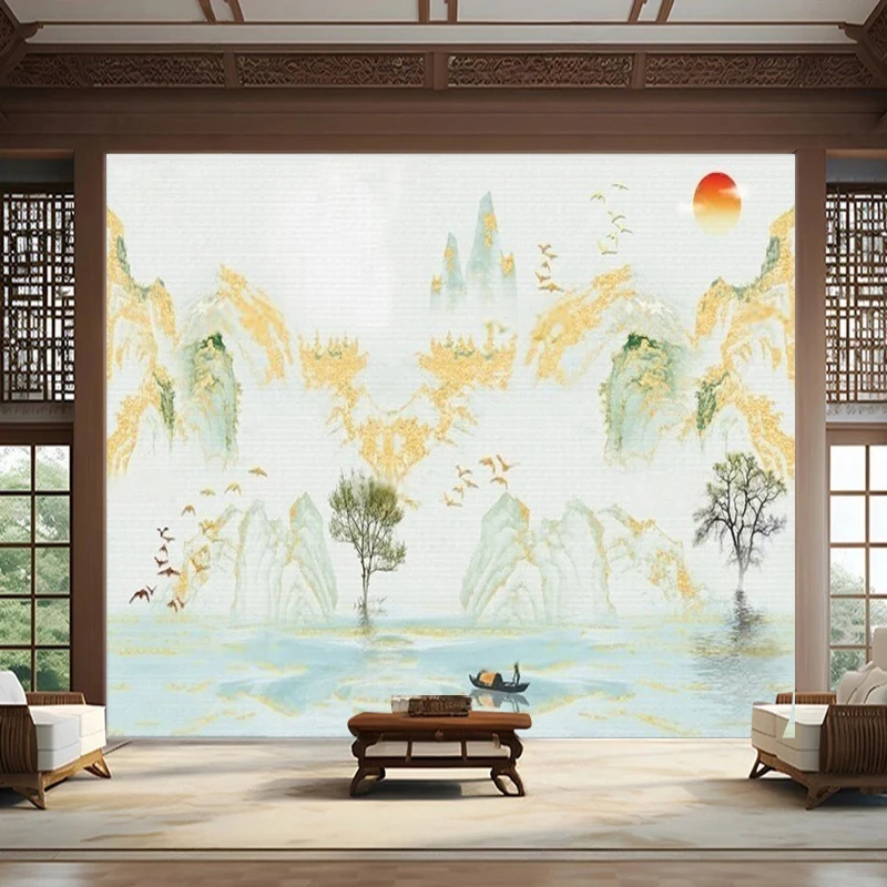 New Chinese-Style Gold-Edge Artistic Landscape Natural Light Scenery Rural And Pastoral Wall Decoration Painting Background Wall