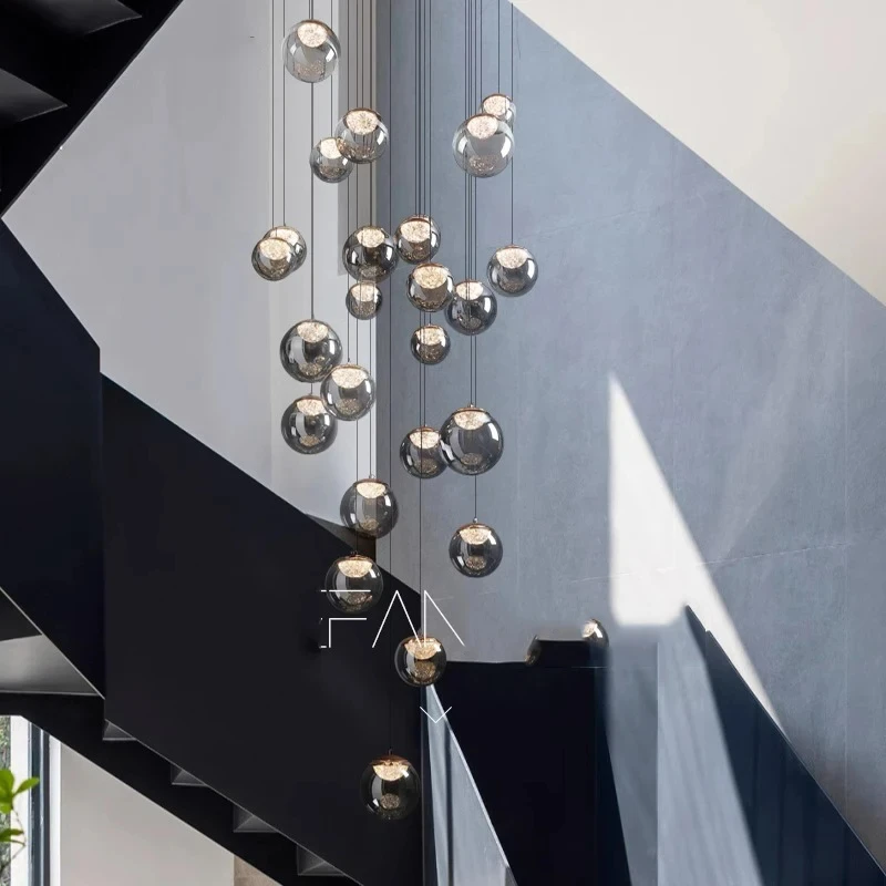 

2025 New Modern LED Glass Staircase Villa Pendant Light Indoor Lighting Restaurant Living Room Multi head Crystal Pendant Light
