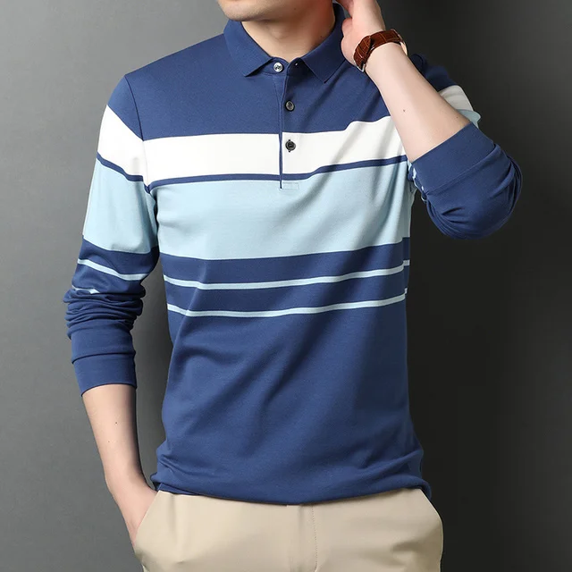 

Fashion New Top Quality Designer Brand Striped Plain Long Sleeve Polo Shirt Casual Turn Down Collar Tops Mens Clothing 2023