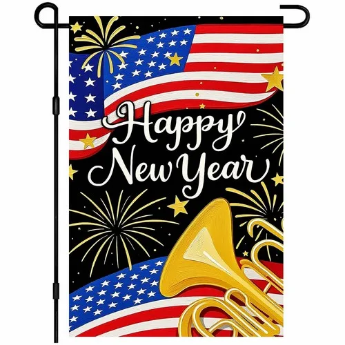 New Year Garden Flag 12x18 Inch Double Sided Waving Red White and Blue Stripe... YYZ
