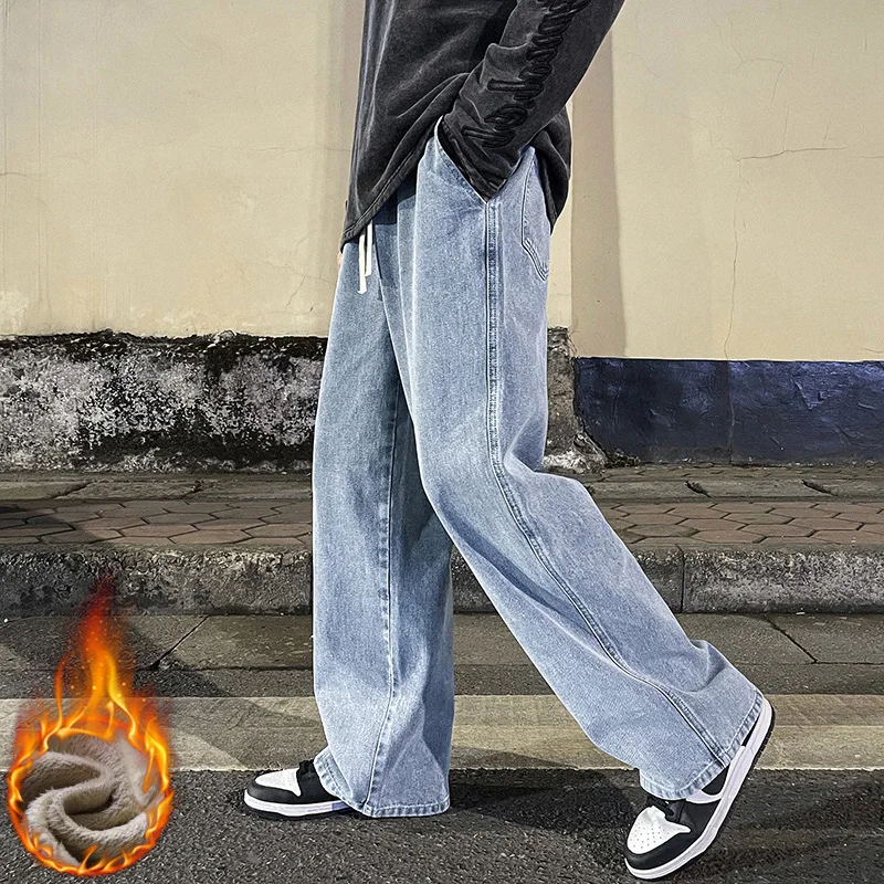 Calça jeans solta de lã de inverno masculina veludo quente cintura elástica perna larga y2k calças jeans retas e confortáveis roupas masculinas de marca