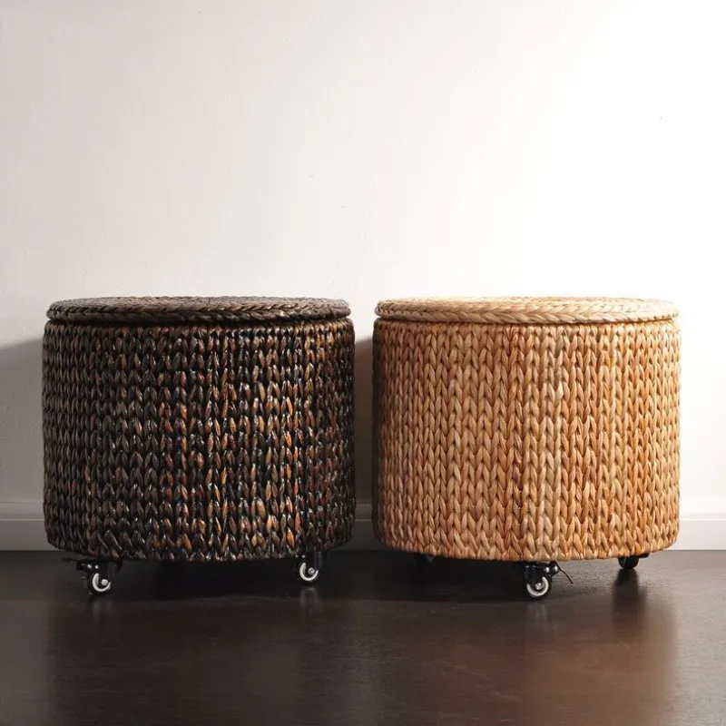 Vintage Storage Stool with Casters Mobile Round Shoe Ottoman Versatile Living Room Rolling Storage Seat Home Organizer Furniture