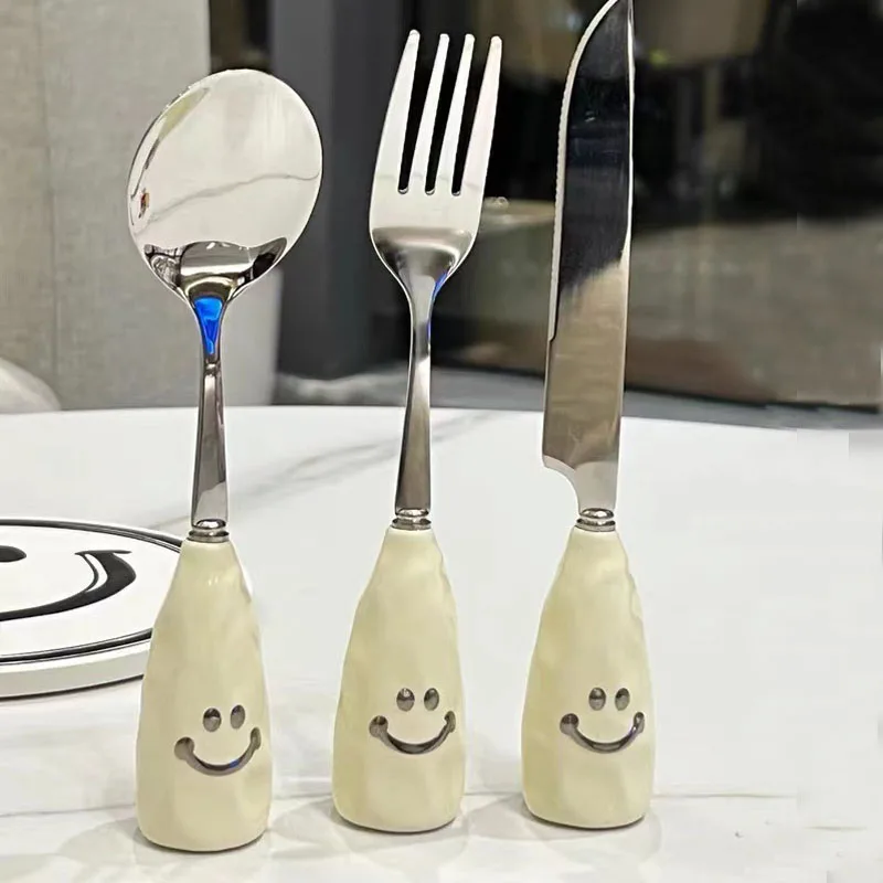 1pc Kawaii Smile Face Cutlery Stainless Steel Fork Spoon Knife Ceramic Handle Dinnerware Tableware Silverware Kitchen Gadgets