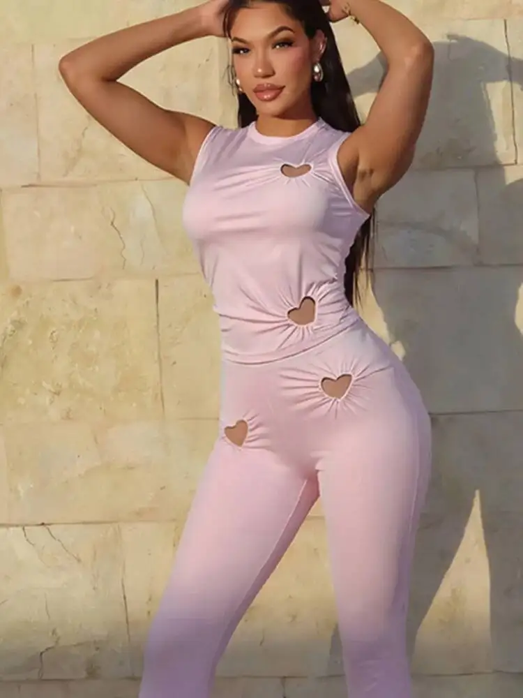 LOVE Heart Hollow Women 2 Piece Set Summer Casual Sleeveless O-neck Vests+High Waist Skinny Pants Female Basic Streetwear B8QX - Image 6