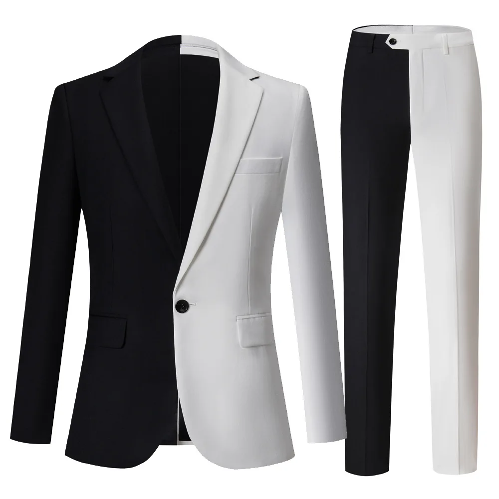 Fashion Elegant Men‘s Suit Business Black &White Contrast Color Suit / Male Slim Stage Party 2 Pcs Blazers Jacket Pants Sets