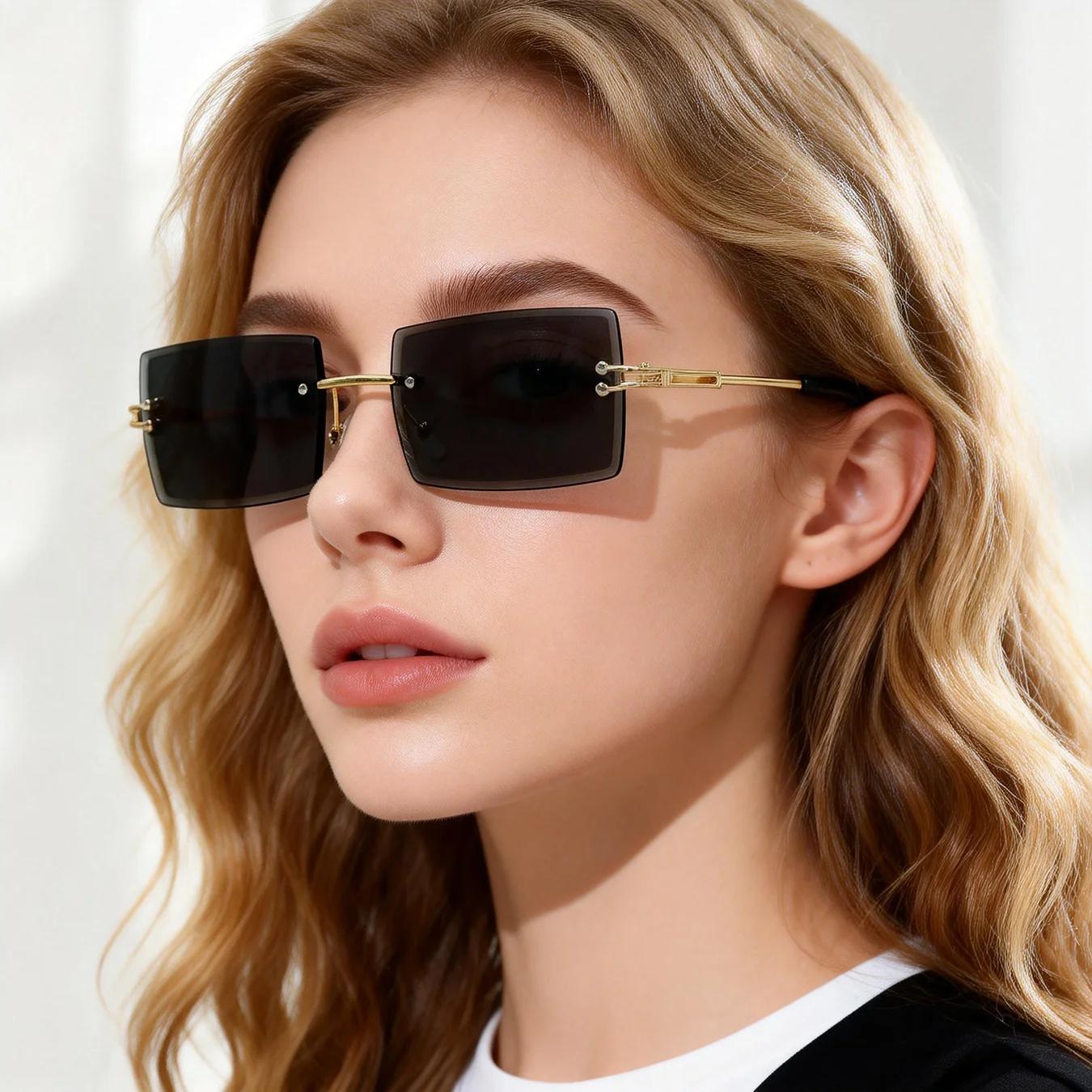 Randlose Rechteckige Damen-Sonnenbrille Schwarze Gläser & Goldener Metallrahmen UV400-Schutz Trendige Modische Brillen für Alltag Party Outdoor