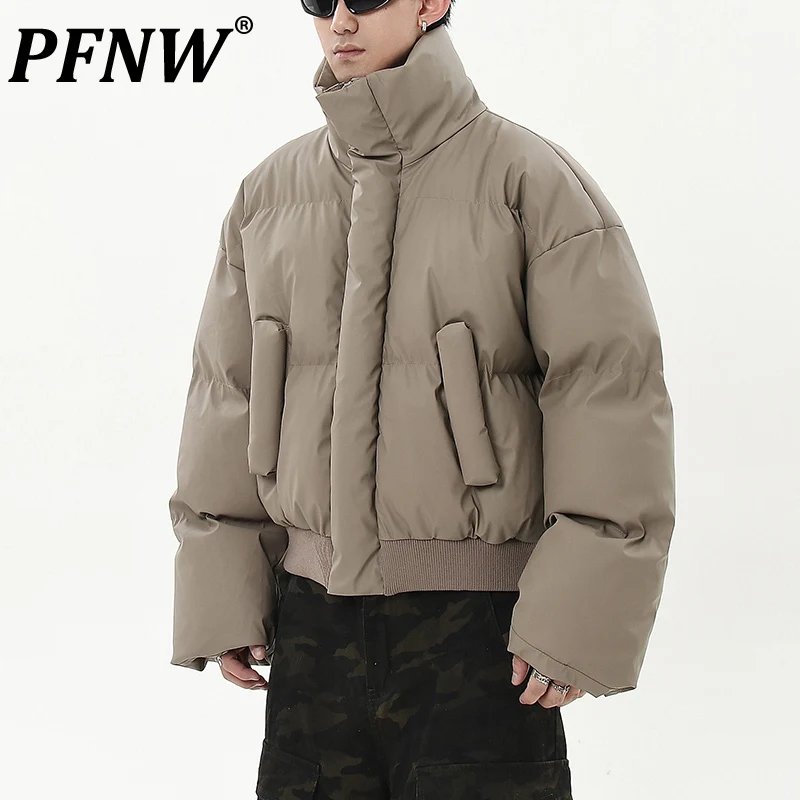 PFNW Men\'s  American Retro High Quality Short Cotton Jacket Winter Fashion New Thickened Couple Brown Cotton-padded Coat 12C1416