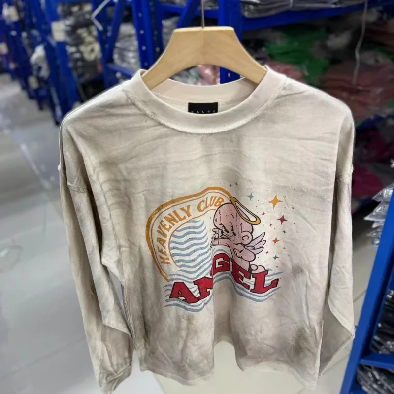 Vintage Washed Long Sleeve T Shirt Saint Men Retro Angel Print Crew Neck Loose Casual Streetwear Tee