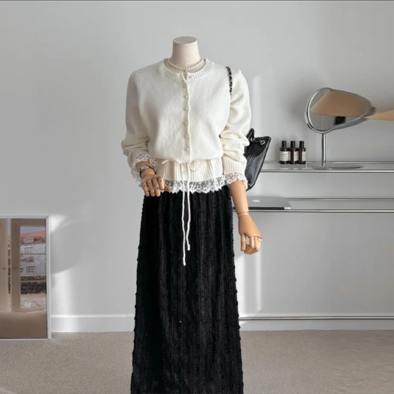 

Женский вязаный кружевной кардиган с поясом, модный повседневный мягкий свитер с круглым вырезом и длинными рукавами, осень-зима 2024, новый топ на каждый день