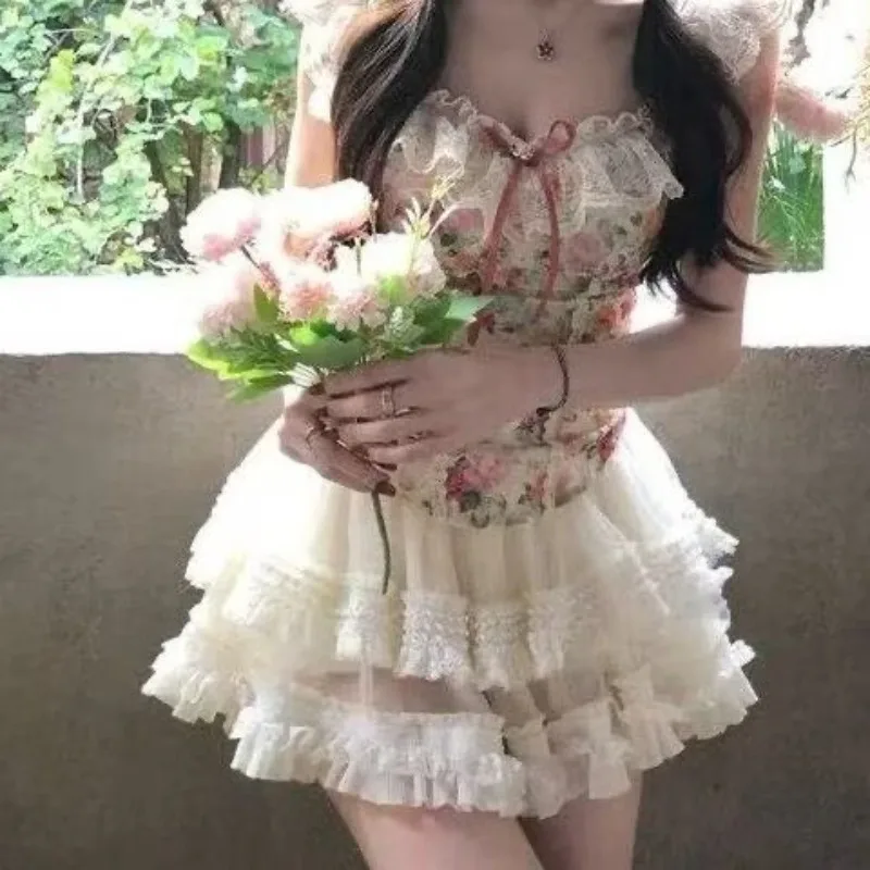 Sweet Lolita Costume Set Chic Temperament Rural Style Retro Girl Floral Top+cake Skirt Sets Summer New Kawaii Women Clothing