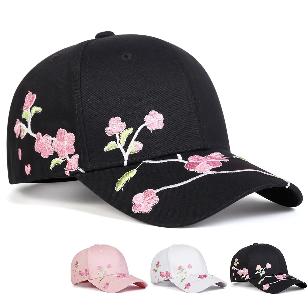 Adjustable Baseball Cap for Women with Peach Blossom Embroidery - Stylish and Casual, Suitable for Sun Protection