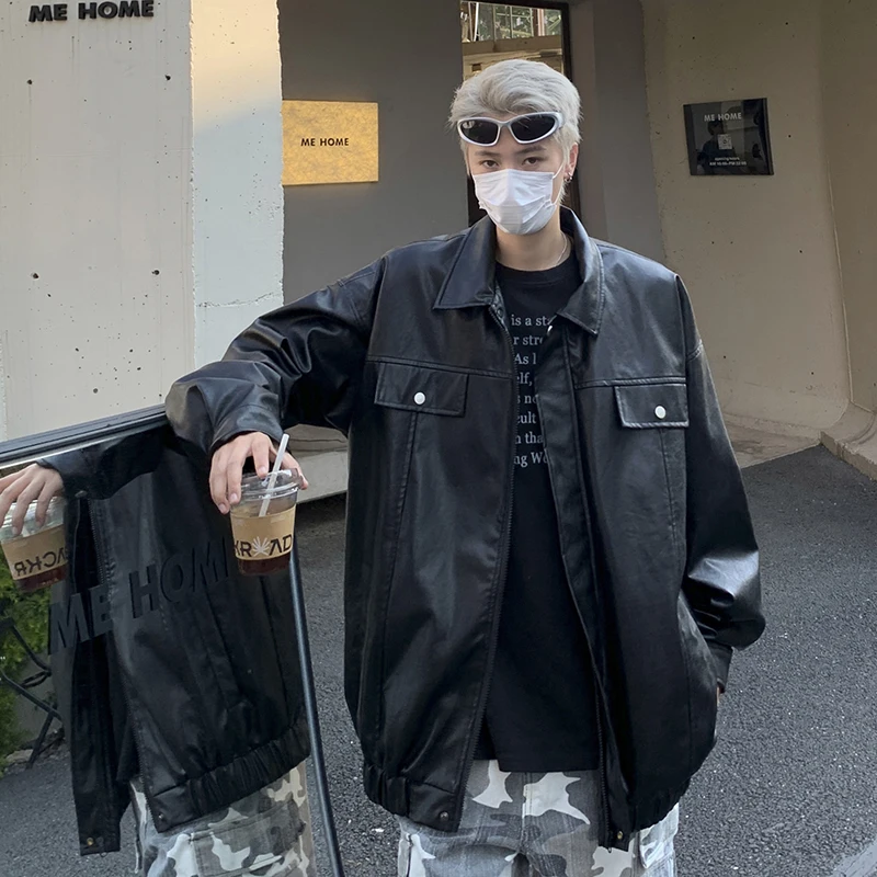 Уличная куртка из искусственной кожи, Мужская Осенняя американская винтажная куртка большого размера с воротником, Повседневная мотоциклетная куртка унисекс с карманами