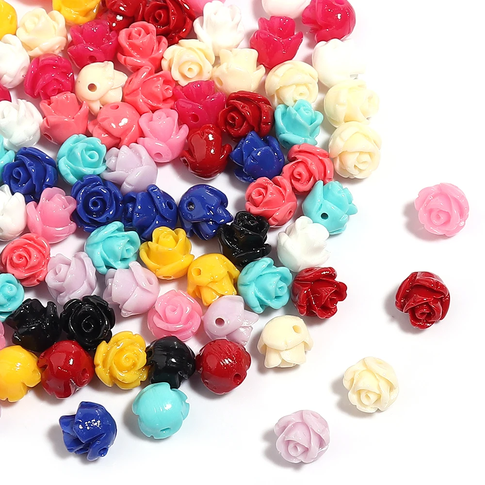 10Pcs/Lot Koraliki z żywicy 6 8 10 12 15mm Kolorowy kształt róży Rozmiar otworu 1,5 mm Koraliki do tworzenia biżuterii Diy Bransoletka Naszyjnik