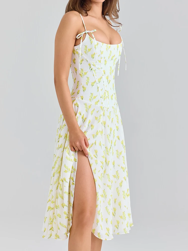 Sukienki midi na ramiączkach w stylu francuskim, żółte, z rozcięciem, w kwiatowy wzór, letnie, bez pleców, z falbankami, seksowne, codzienne, damskie, nowe.