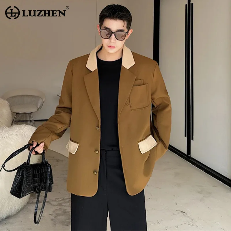 LUZHEN 2024 Elegant Patchwork Design Blazer Coat Color Contrast Korean Men's Fashion Back Cross Strap Trendy Suit Jacket LZ5117