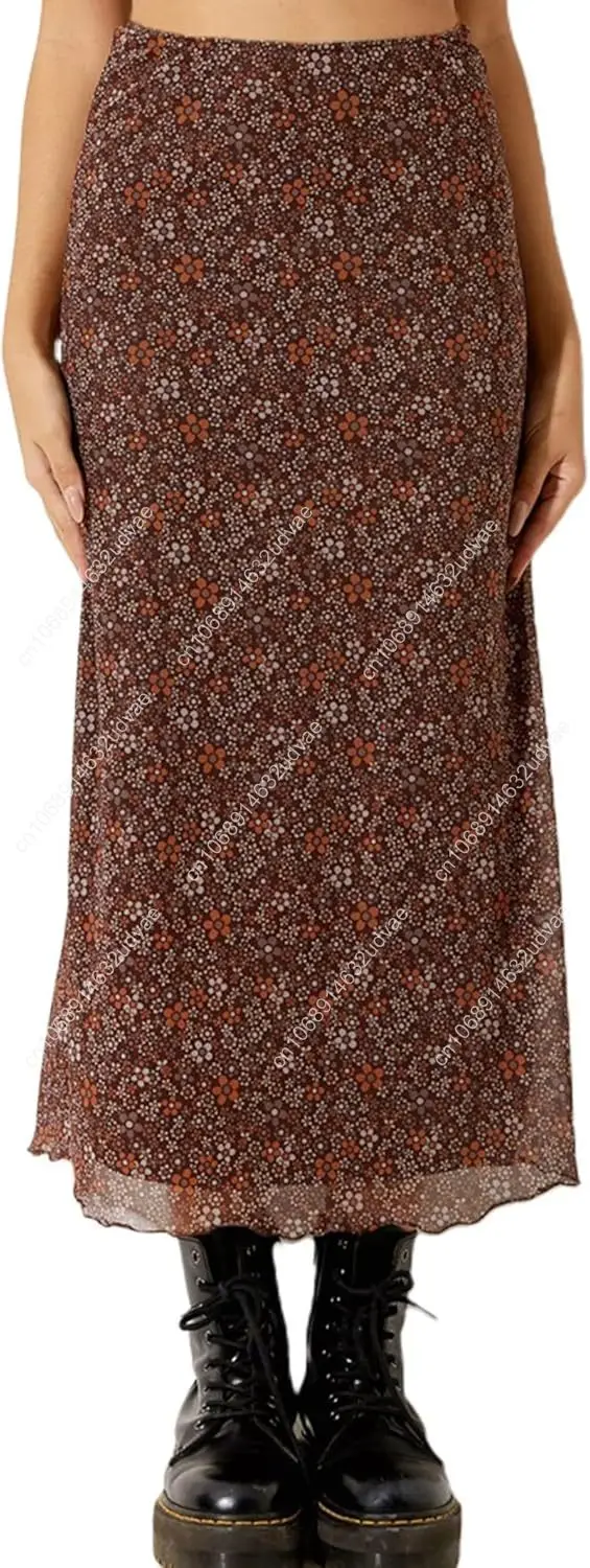 Avanova Women Mesh Floral Boho High Waist Midi Skirt Lettuce Trim Summer A Line Skirt