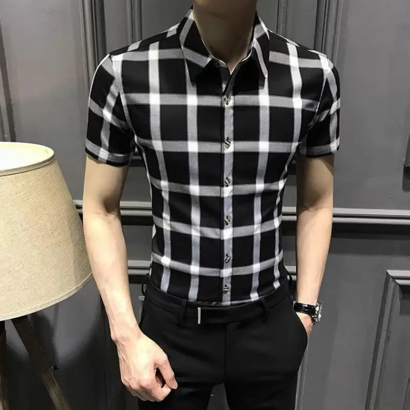 Summer Fashion Trend Casual Business Versatile Lapel Plaid Print Slim Fit Short Sleeved Men\'s Oversized Single Breasted Shirt