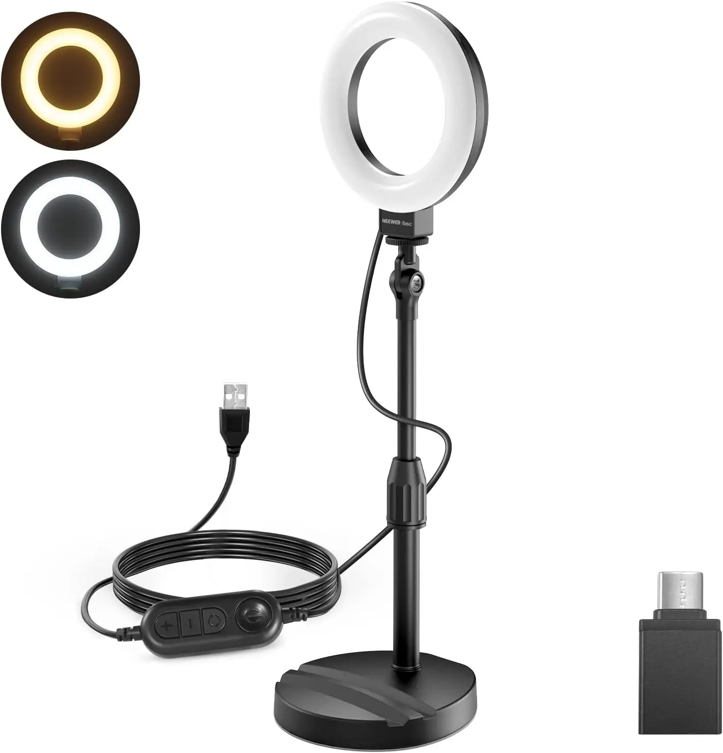 NEEWER Basics BR60 Ringlicht mit Ständer, 10W LED Selfie-Tischleuchte, integrierte Handyhalterung, kompatibel mit iPhone & Laptop, ideal für Videoaufnahmen, Webcam und Zoom-Anrufe