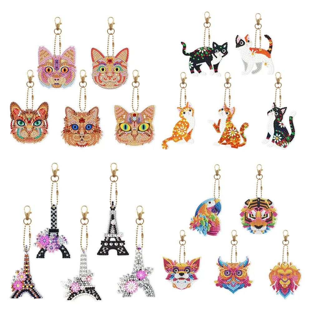 Cute Cat and Dog DIY Diamond Painting Keychain Eiffel Tower Keyring Backpack Pendant Gifts for Children