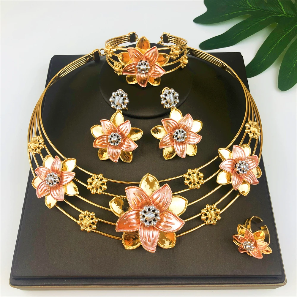 High Quality 18K Gold Plated Fashion Jewelry Set Flower Earrings Bracelet Necklace Ring 4PCS Set Jewelry Wedding Party Gift