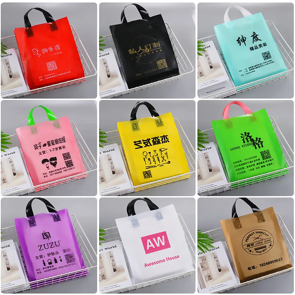 100pcs Custom Logo Colorful Shopping Bags With Handle Plastic Gift Bag Print One Color Logo On Double-sided Free Design business