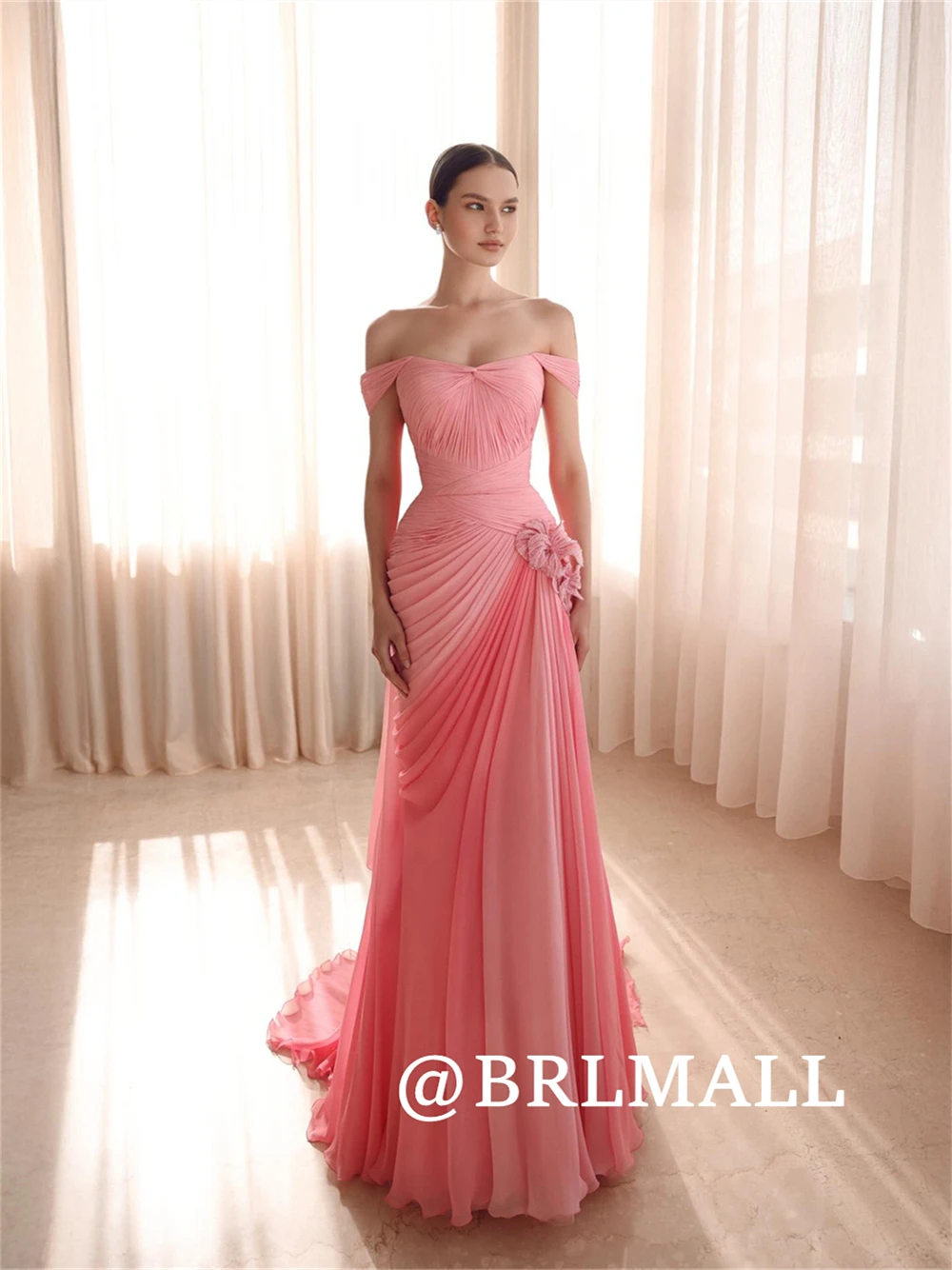 

BRLMALL Pleat Chiffon Formal Dress Off-the-Shoulder Sleeves Sheath Coral Evening Dresses Flowy Wedding Party Gowns