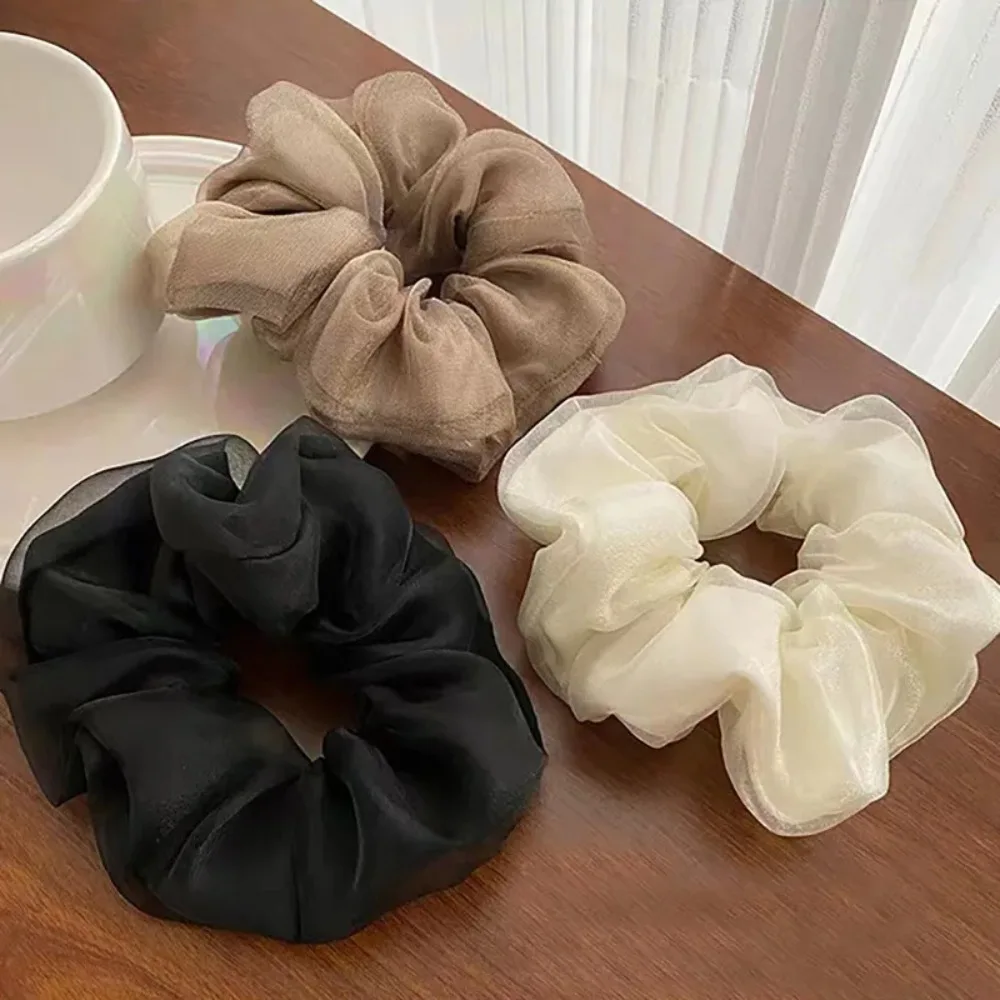 Elegante Organza cabelo corda, laço elástico, faixa de cabelo coreano, charme e beleza, preto bege Khaki Scrunchie, moda