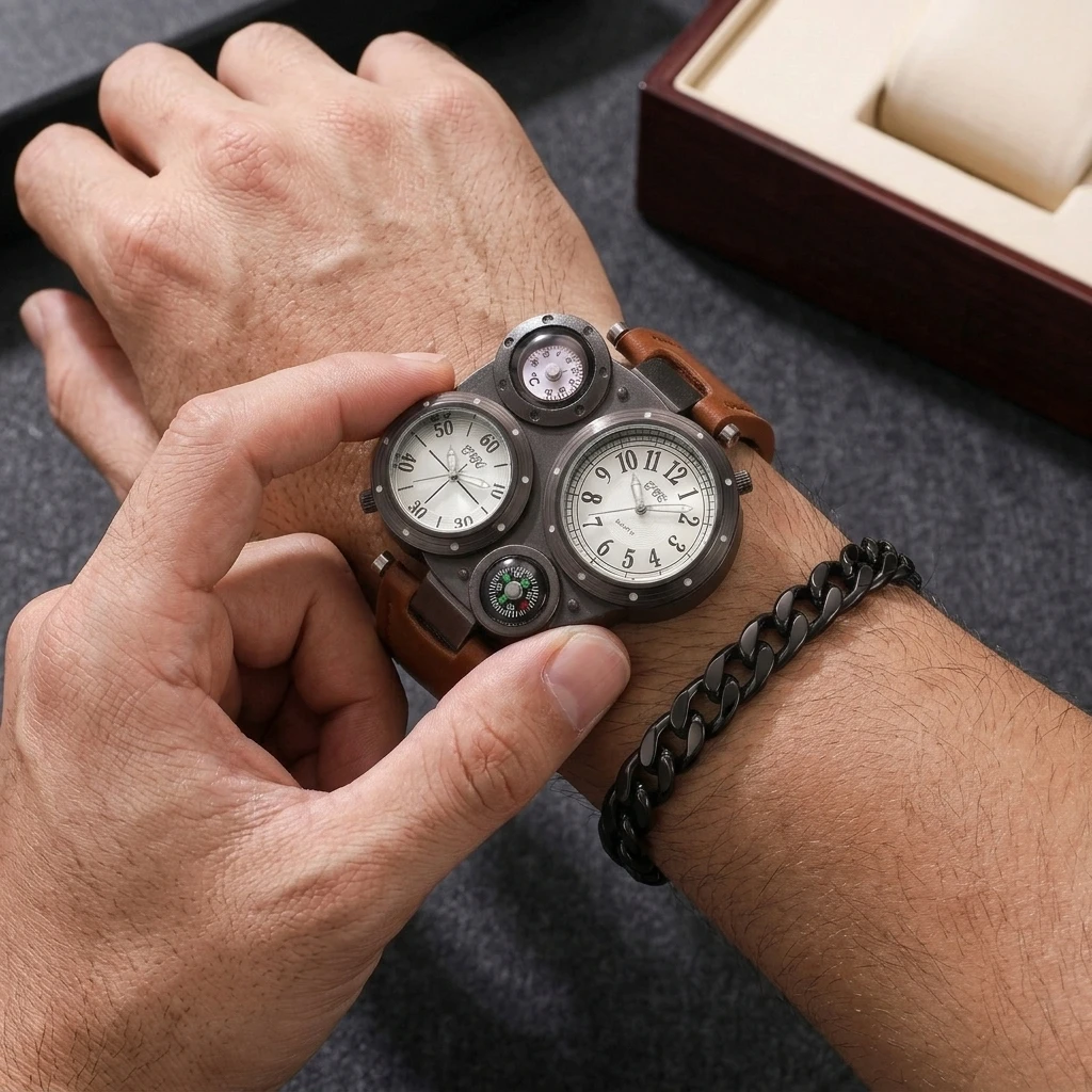 2PCS Fashion Decor Compass Dial Men Watch Bracelet Set Leather Strap Military Sports Wristwatch Relogio Masculino（Without Box）