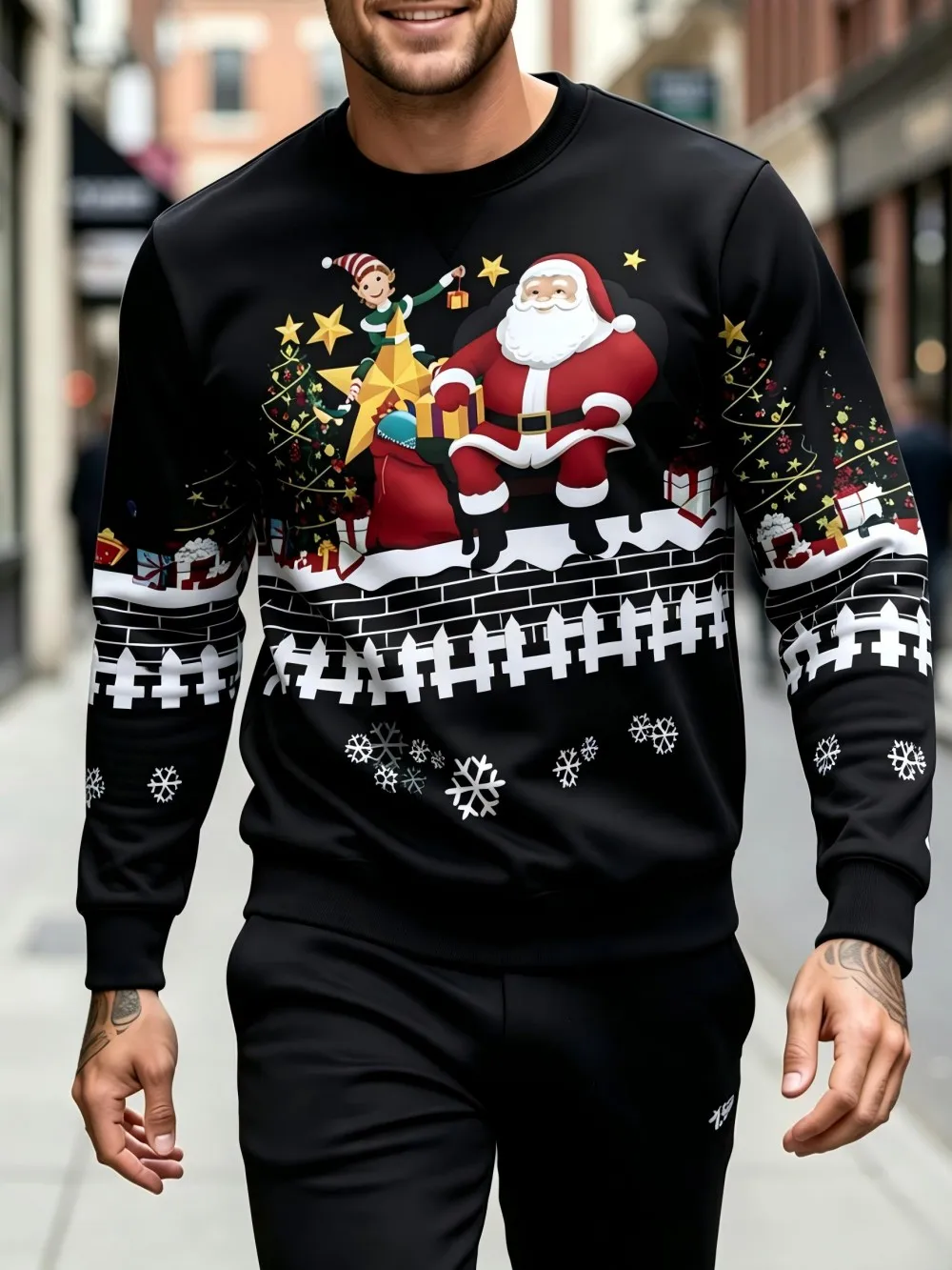 Hot selling American autumn Santa Claus gift print micro elastic comfortable round neck long sleeved Tshrit outdoor casual top