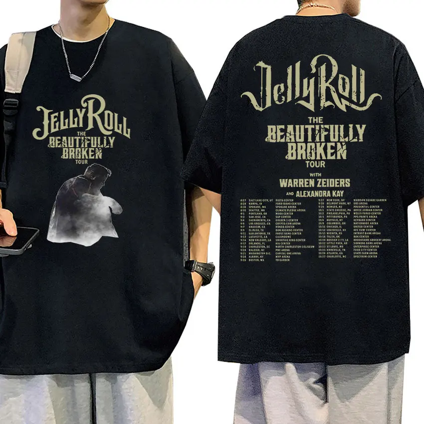 Retro Jelly Roll The Beautifully Broken Tour 2024 T Shirts Men's Hip Hop O-Neck High Quality Oversized Cotton T-shirt Streetwear