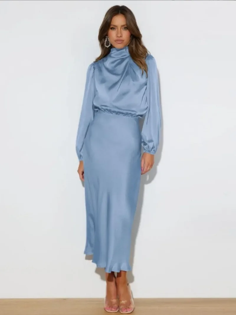 

Dresses For Women's New Spring Satin Long Sleeves Elegant Party Dresses Korean Fashion LOOSE Long Dresses Women's Clothing
