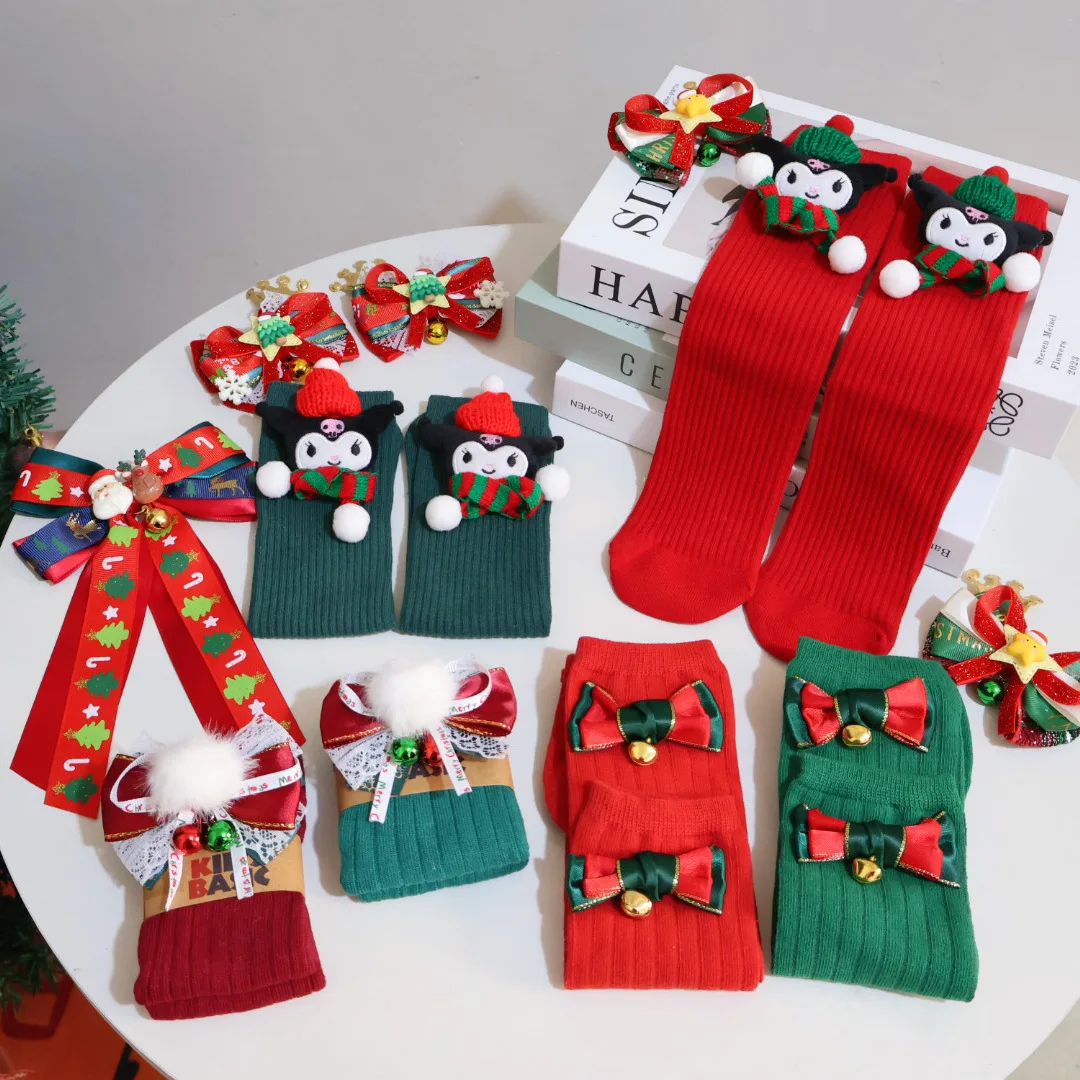 

Cartoon Kuromi Children's Christmas Festival Baby Girl Knee High Socks Christmas Long Socks Soft Warm Stockings Bow for Toddlers