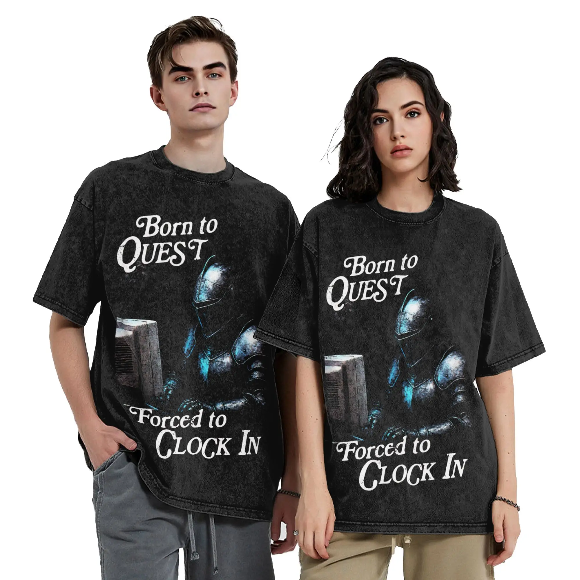 Vintage Born to Quest Forced to Clock In Vintage Washed T Shirt  Cotton Tops Casual Short Sleeve Round Neck Tees