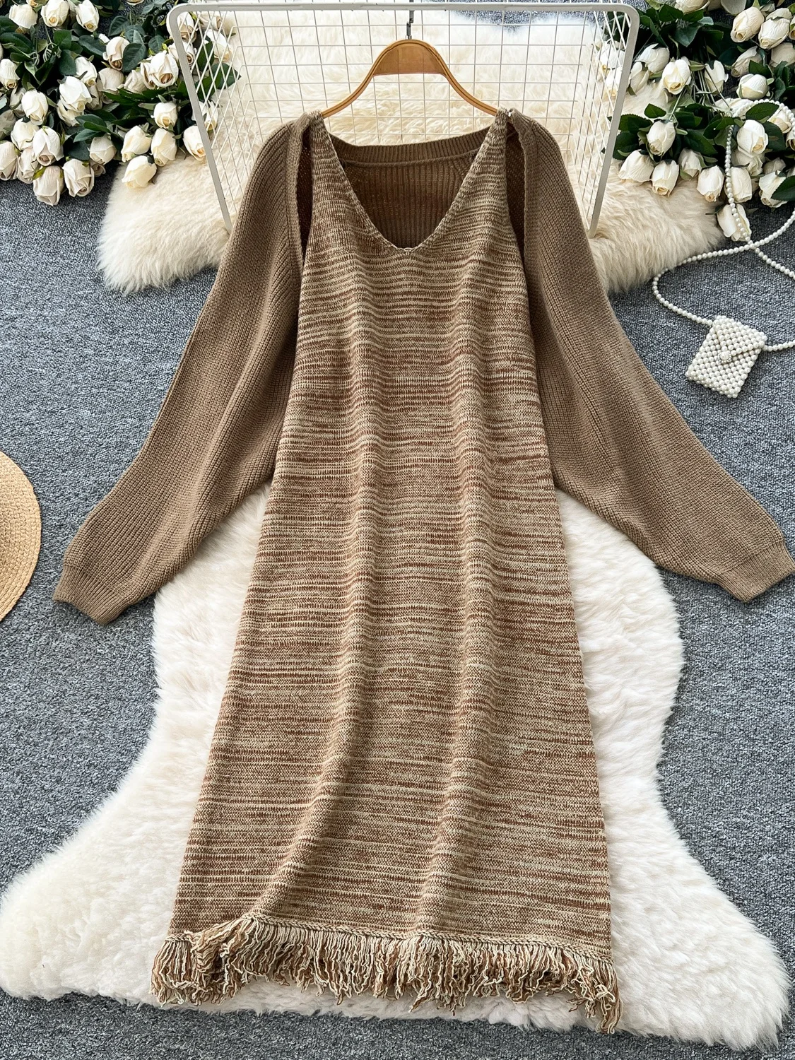 

Повседневный свободный вязаный жилет Dr Svel V-Ne с кисточками, удобный модный комплект для женщин, юбка трапециевидной формы с высокой талией