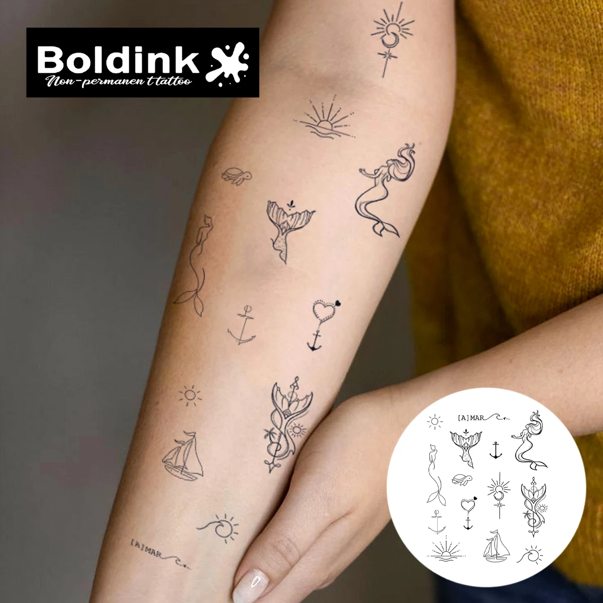 Boldink Nautical and Mermaid Symbol Set Temporary Tattoo,Lasts To 15 Days New Technology Magic Waterproof Semi Permanent Sticker