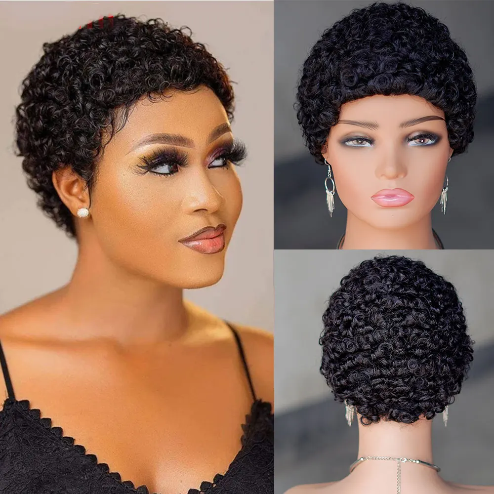 Afro Kinky Curly Pixie Wig Human Hair Pixie Cut Short Human Hair Wigs for Women Black Burgundy Honey Blonde Full Machine Wig