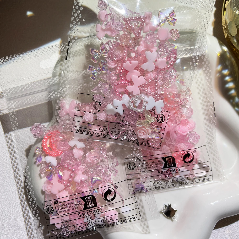 50Pcs Pearl Pink Bowknot Heart Shaped Rhinestones Mixed Nail Decorations Kawaii Flowers Butterfly Charms DIY Nail Accessories