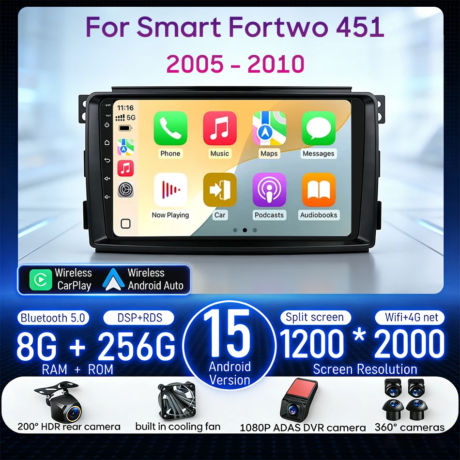 

Android For Smart Fortwo 451 2005 - 2010 Car Multimedia Player Wireless Carplay Navigation CarPlay Radio Stereo GPS Auto 2din BT